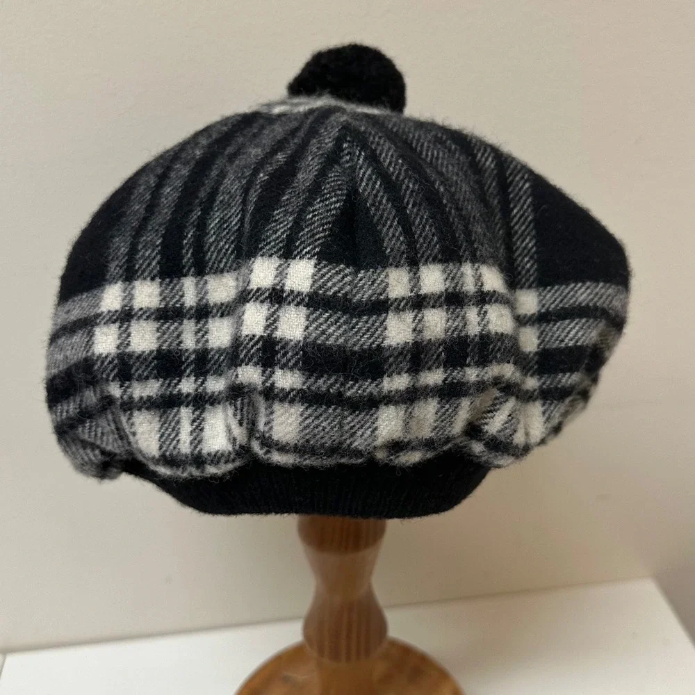 Vintage Made in Scotland Wool Tam O' Shanter Hat Black White Plaid Pom Beret